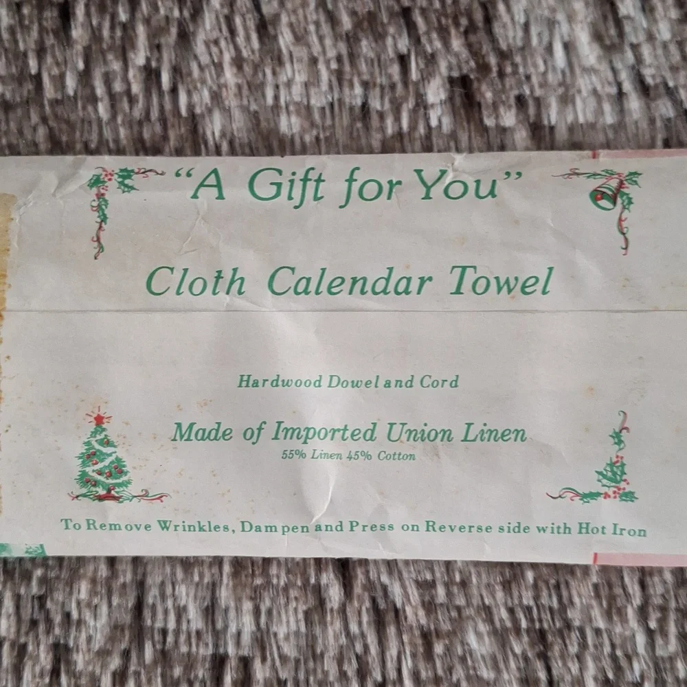 🪑 1988 fabric dish cloth towel wall hanging calendar w/original envelope, dowel